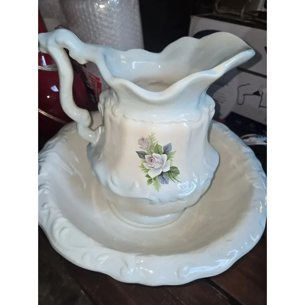 Vintage Mary Ceramic Pitcher & Wash Basin Set White Floral Roses Victorian Style